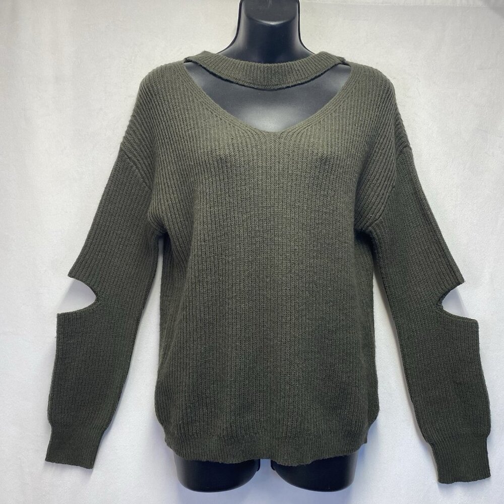 Ruby Moon Ribbed Knit Cut-Out Sleeves & Neck Pullover Sweater Women Small Green